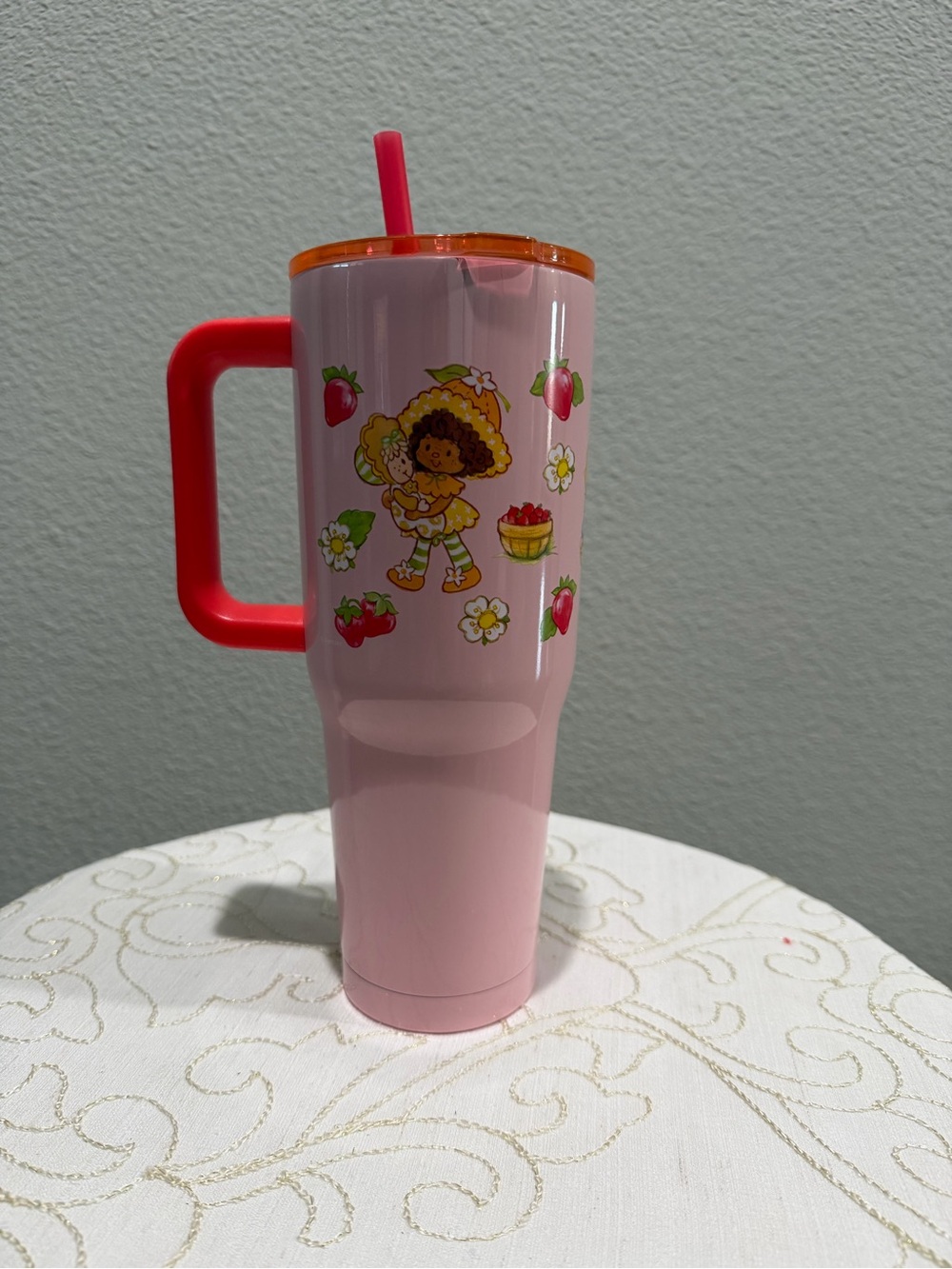 Pink Kids Straw Tumbler with Handle and Strawberry Art